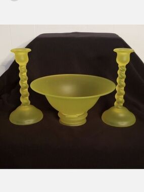 Antique Vtg Tiffin Vaseline "Uranium Glass" Bowl and Candlesticks, circa 1920s